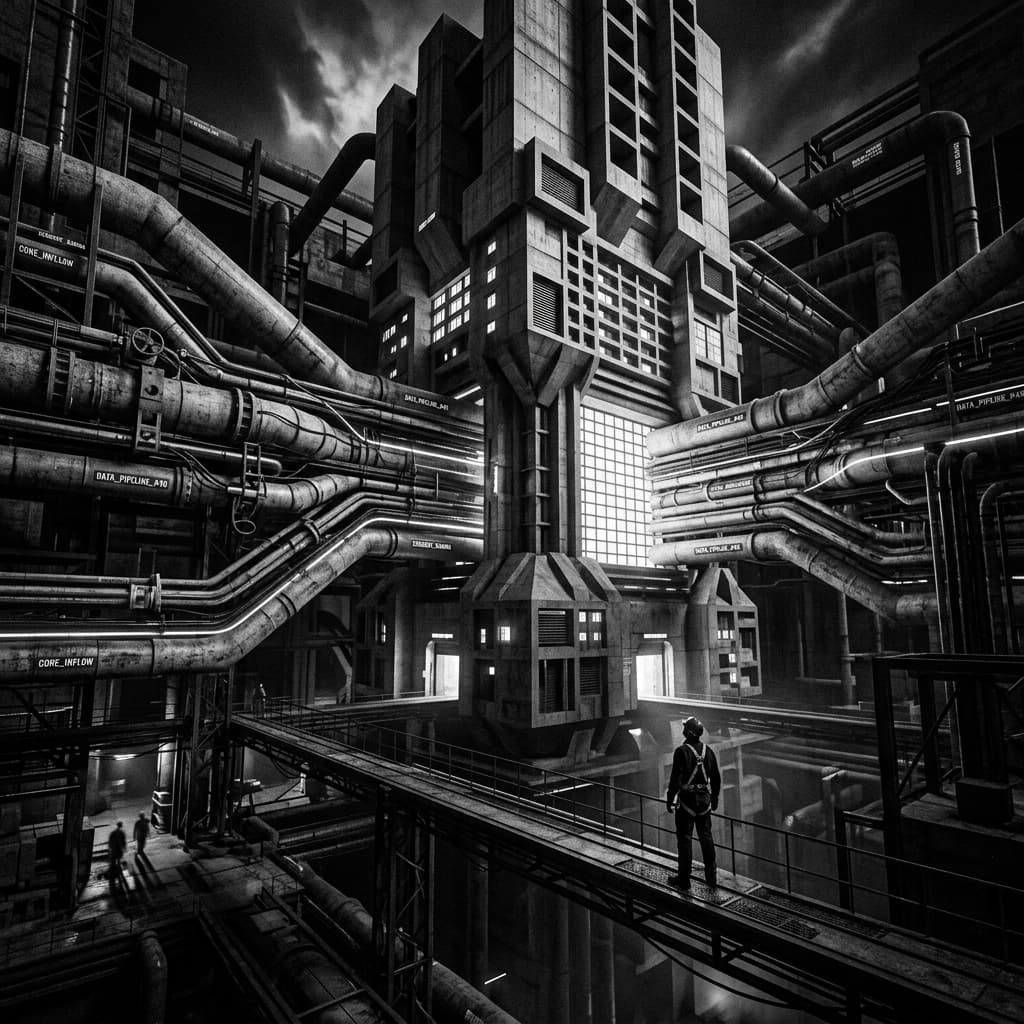 Brutalist representation of big data pipelines flowing into a structured core