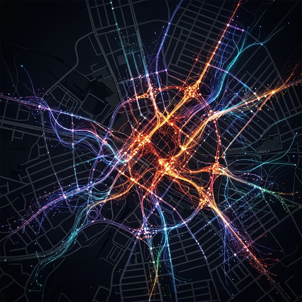 Avant-garde mapping of city streets and glowing vehicle nodes